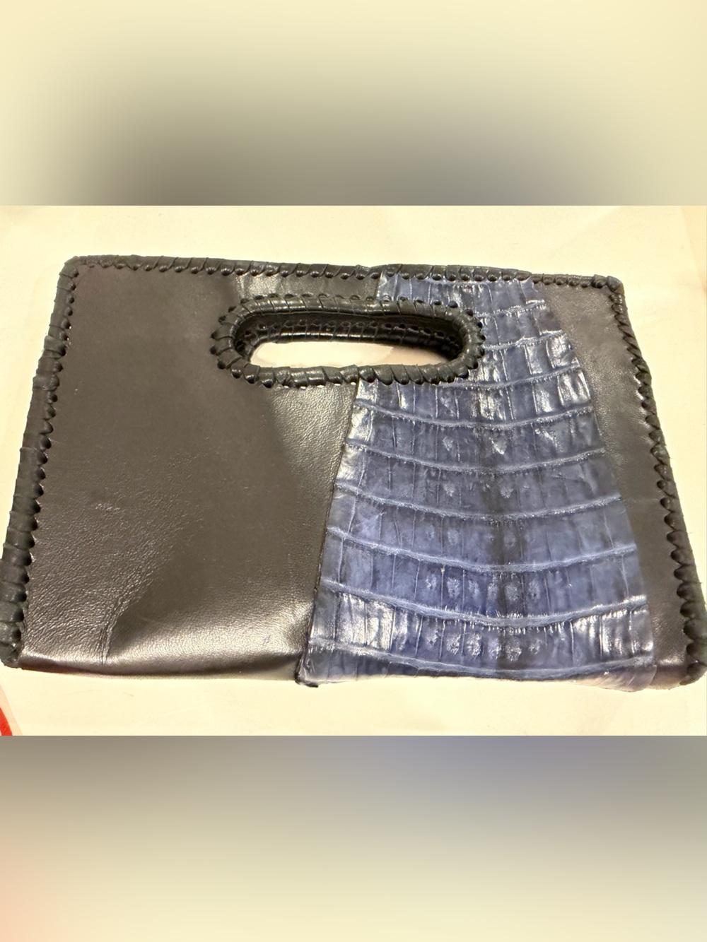 Handmade Leather & Croc-Embossed Blue Black Handheld Clutch